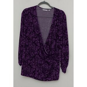 Susan Graver Blouse Women's Size XL Purple Black Ruched Side & Sleeves Pre-owned